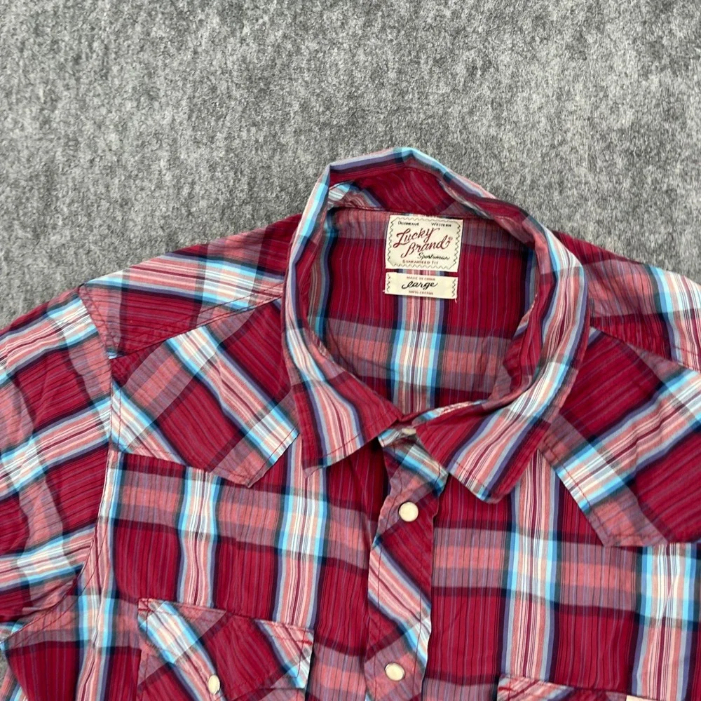 Lucky Brand Shirt Mens Large Red Plaid Short Sleeve Western Pearl Snap Cowboy